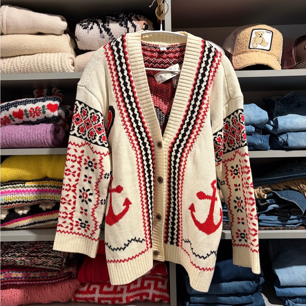 Anthropologie Cream and Red Anchor Cardigan